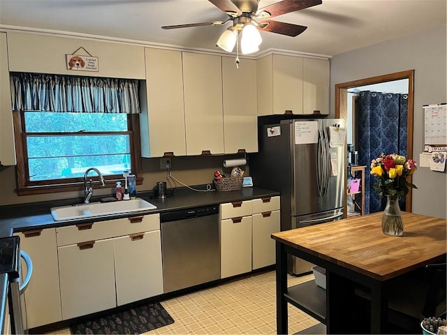 440 School St, Indiana Boro Ind, PA 15701 - kitchen with a sink, wooden counters, white cabinets, a ceiling fan, and appliances with stainless steel finishes