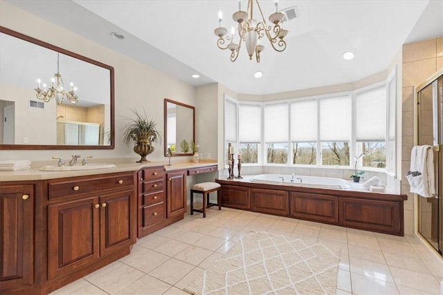 5076 Brownsville Rd, Whitehall, PA 15236 - full bathroom with visible vents, a garden tub, tile patterned flooring, a chandelier, and a stall shower