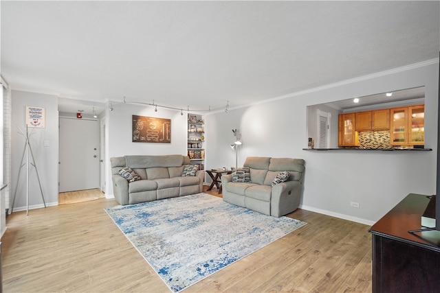 552 N Neville St Unit 26, Oakland, PA 15213 - living room with track lighting, light wood finished floors, baseboards, and ornamental molding