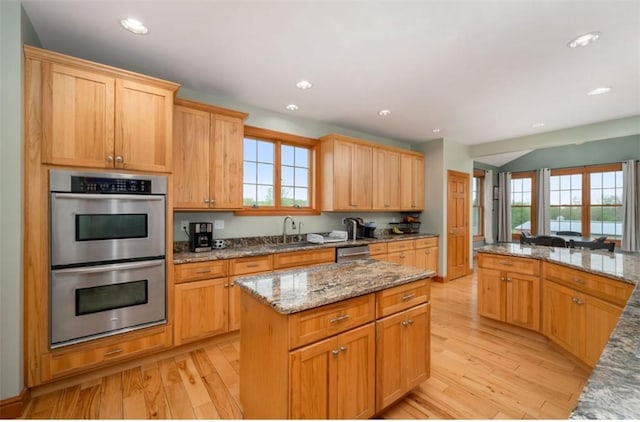 kitchen with a sink, appliances with stainless steel finishes, plenty of natural light, and light wood finished floors