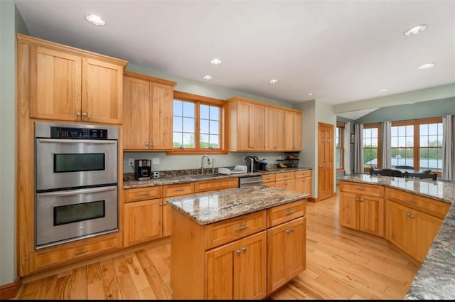 kitchen featuring stainless steel appliances, a healthy amount of sunlight, a sink, and light wood finished floors