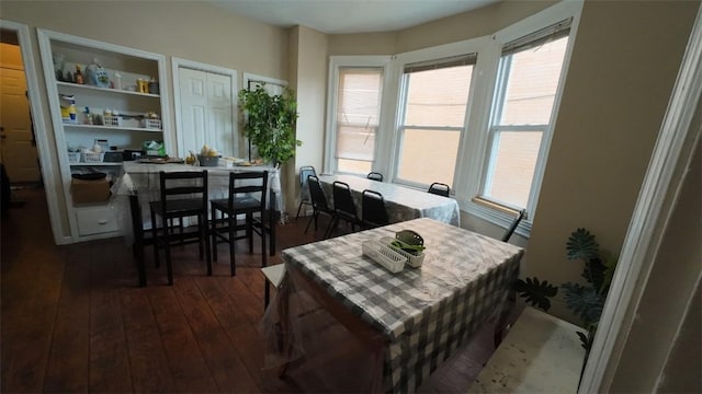 dining room with a wealth of natural light and dark wood-type flooring