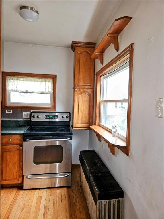 kitchen with electric range, brown cabinets, a healthy amount of sunlight, and dark countertops