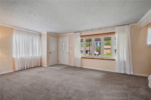 spare room featuring carpet floors, a textured ceiling, and ornamental molding