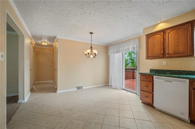 kitchen featuring visible vents, ornamental molding, dishwasher, and light tile patterned flooring