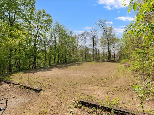 view of landscape featuring a forest view