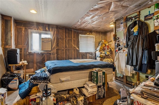 bedroom with wood walls