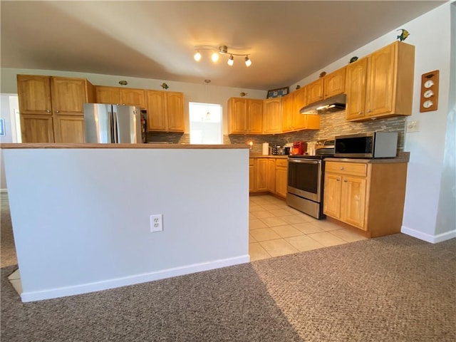 kitchen with under cabinet range hood, baseboards, light carpet, tasteful backsplash, and appliances with stainless steel finishes