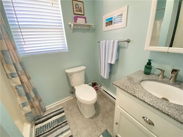 bathroom featuring toilet, a baseboard radiator, curtained shower, baseboards, and vanity