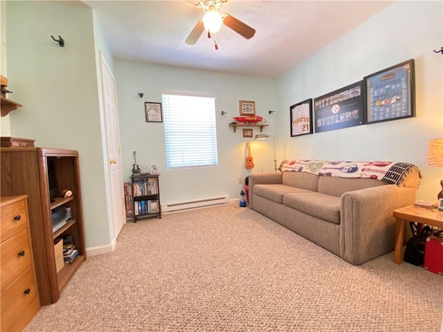 living area featuring light carpet, baseboards, baseboard heating, and ceiling fan