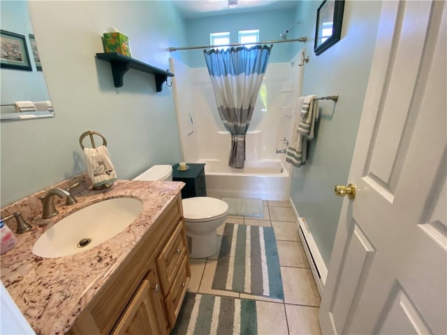 full bathroom featuring toilet, tile patterned flooring, baseboard heating, and shower / bath combination with curtain