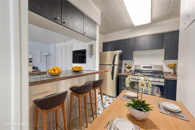 5 Bayard Unit 309, Shadyside, PA 15213 - kitchen with wood counters, dark cabinets, stainless steel appliances, and a kitchen breakfast bar