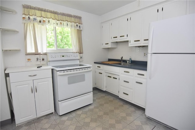 851REAR Florence Ave, Rear, East Mckeesport, PA 15035 - kitchen featuring a sink, open shelves, dark countertops, white cabinetry, and white appliances