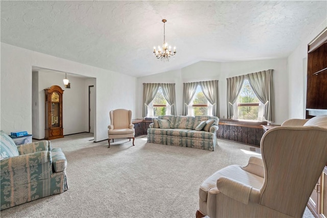 78 Cherryhill Rd, Indiana Boro Ind, PA 15701 - carpeted living room with a textured ceiling, lofted ceiling, and a notable chandelier