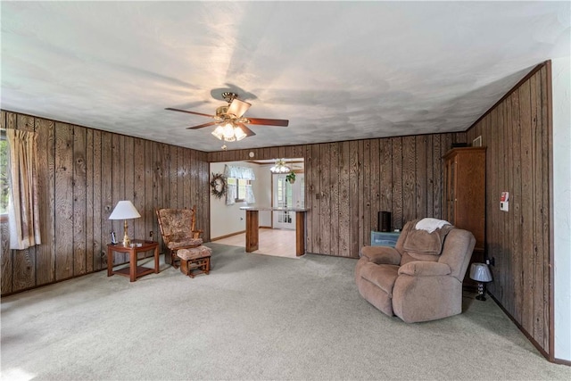 78 Cherryhill Rd, Indiana Boro Ind, PA 15701 - living area featuring carpet flooring, wood walls, and a ceiling fan