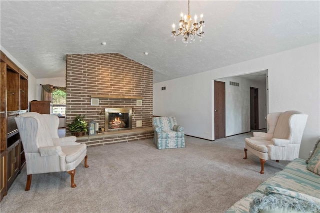 78 Cherryhill Rd, Indiana Boro Ind, PA 15701 - living area with carpet flooring, an inviting chandelier, a brick fireplace, a textured ceiling, and vaulted ceiling