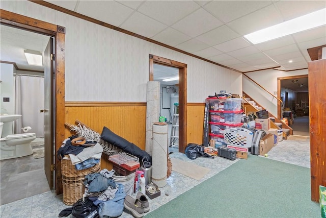 78 Cherryhill Rd, Indiana Boro Ind, PA 15701 - interior space with crown molding, wooden walls, stairs, and a wainscoted wall