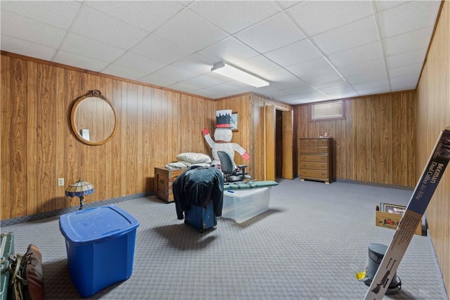 78 Cherryhill Rd, Indiana Boro Ind, PA 15701 - interior space with baseboards, a drop ceiling, wood walls, and carpet