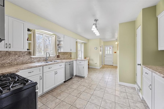 110 Thorncrest Dr, Penn Twp But, PA 16002 - kitchen with a sink, open shelves, dishwasher, black gas range, and backsplash