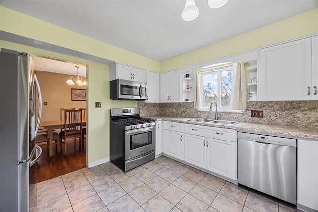 110 Thorncrest Dr, Penn Twp But, PA 16002 - kitchen featuring an inviting chandelier, a sink, open shelves, white cabinetry, and appliances with stainless steel finishes