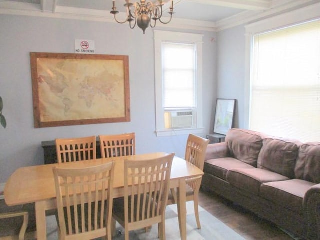 400 12th St, New Brighton, PA 15066 - dining space with beamed ceiling, a notable chandelier, cooling unit, and wood finished floors