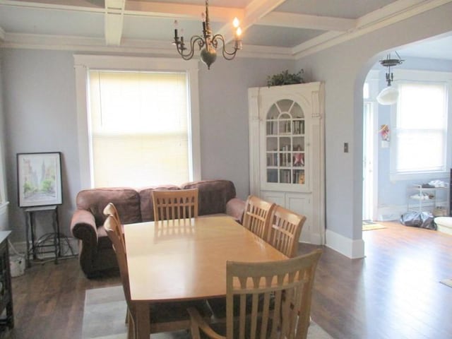 400 12th St, New Brighton, PA 15066 - dining area featuring wood finished floors, coffered ceiling, beam ceiling, arched walkways, and a chandelier