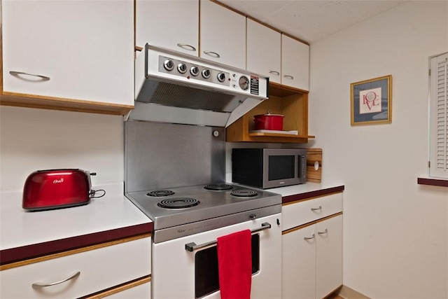 72 Linden Pl Unit 22, Sewickley, PA 15143 - kitchen with white electric stove, white cabinetry, stainless steel microwave, under cabinet range hood, and light countertops