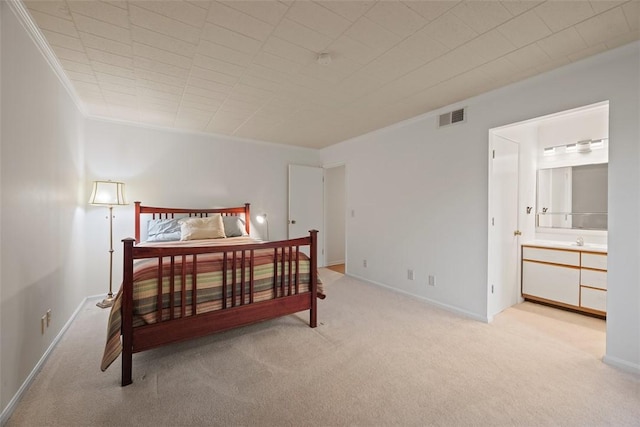 72 Linden Pl Unit 22, Sewickley, PA 15143 - bedroom with a sink, visible vents, crown molding, light carpet, and baseboards
