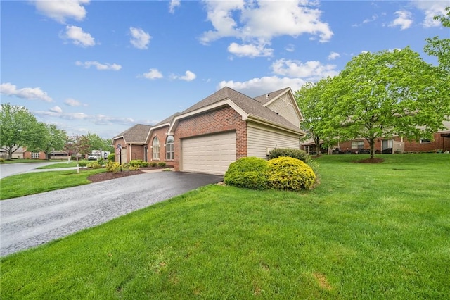 view of front of property with brick siding, driveway, a garage, a front yard, and roof with shingles