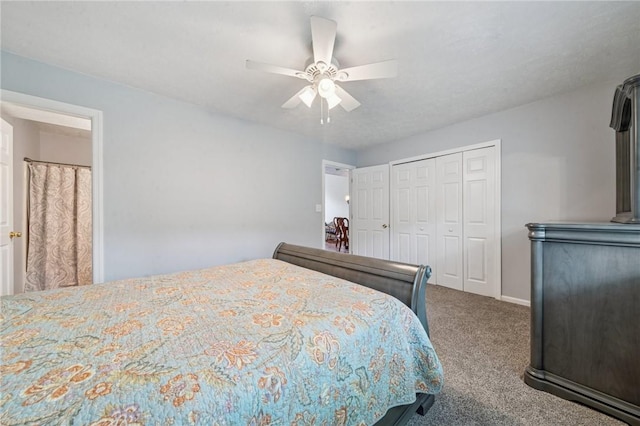 bedroom featuring carpet flooring, a closet, a ceiling fan, and baseboards
