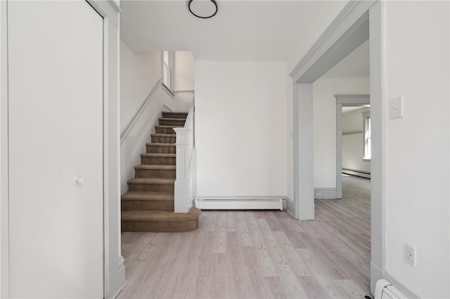 301 N Monroe St, City Of But Ne, PA 16001 - stairway featuring baseboards, baseboard heating, and wood finished floors