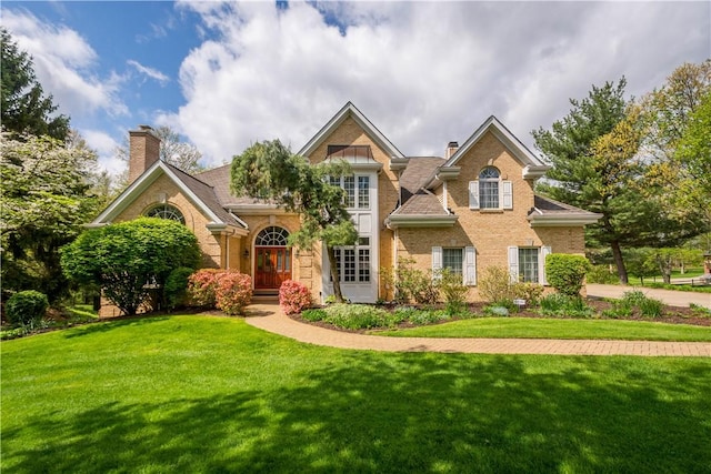view of front of property featuring a front lawn, brick siding, and a chimney