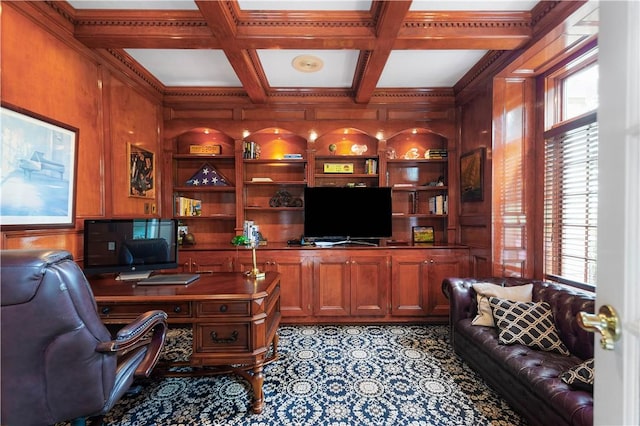 office area featuring beamed ceiling, wood walls, and coffered ceiling