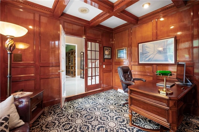 office space with coffered ceiling, beam ceiling, a decorative wall, wooden walls, and ornamental molding
