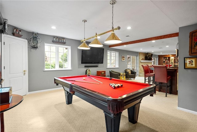 recreation room with carpet flooring, baseboards, and pool table