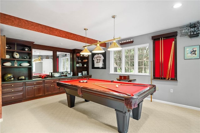 rec room featuring light colored carpet, pool table, baseboards, and recessed lighting