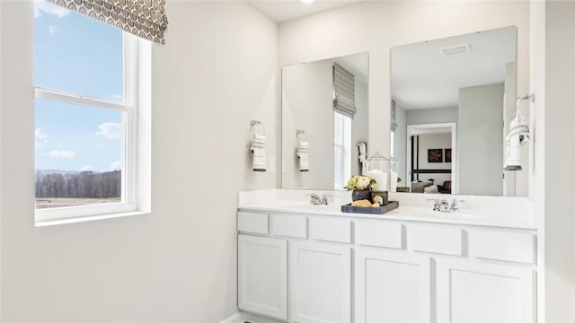 full bathroom featuring a sink, double vanity, and plenty of natural light