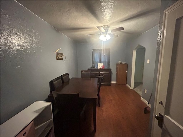 116 Ivy St, Wilkins Twp, PA 15145 - dining space with a textured ceiling, arched walkways, dark wood-style floors, a ceiling fan, and baseboards