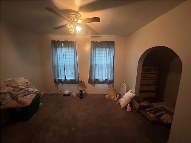 116 Ivy St, Wilkins Twp, PA 15145 - carpeted bedroom with arched walkways, baseboards, and a ceiling fan