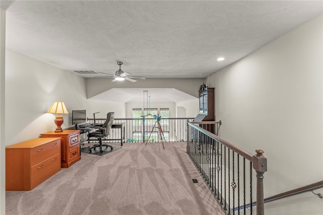 home office featuring recessed lighting, light carpet, visible vents, and ceiling fan