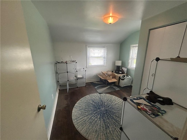 bedroom featuring wood finished floors, baseboards, and lofted ceiling