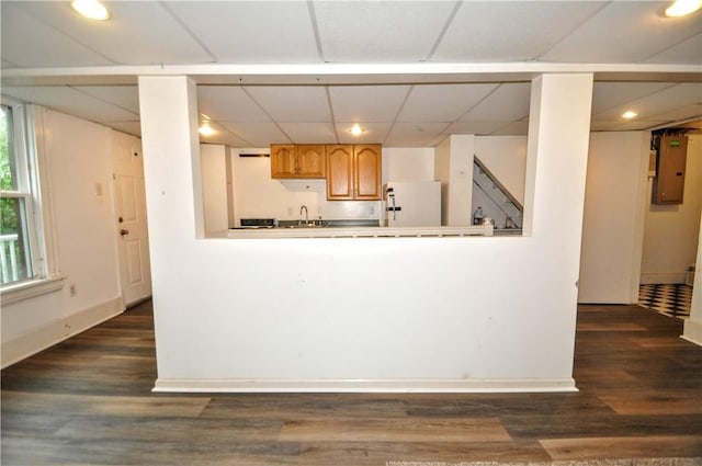 kitchen with freestanding refrigerator, dark wood-type flooring, a sink, baseboards, and a drop ceiling