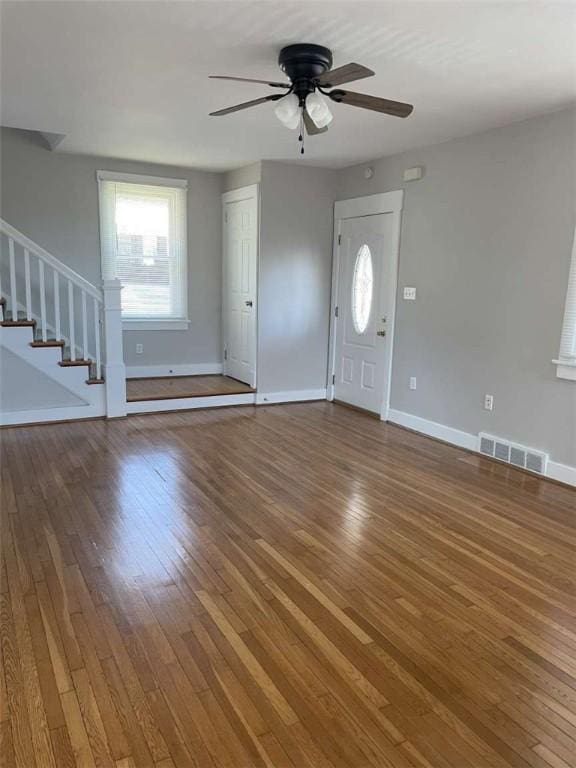 846 Neely Heights Ave, Coraopolis, PA 15108 - entrance foyer featuring baseboards, ceiling fan, visible vents, hardwood / wood-style flooring, and stairway
