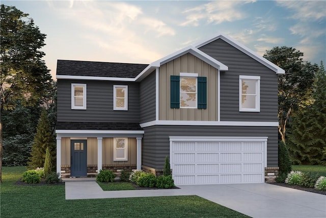 view of front of home featuring roof with shingles, driveway, a garage, a front lawn, and board and batten siding