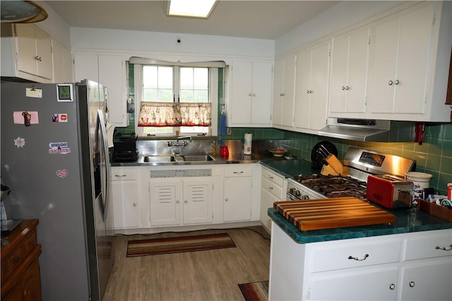 kitchen featuring a sink, extractor fan, stainless steel appliances, and white cabinets