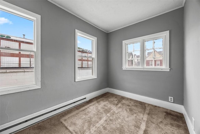 carpeted empty room featuring baseboards, a baseboard radiator, and crown molding