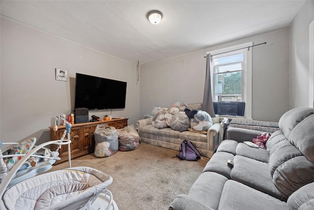 living room featuring cooling unit and carpet