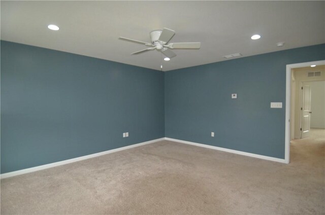 unfurnished room featuring baseboards, recessed lighting, ceiling fan, and carpet