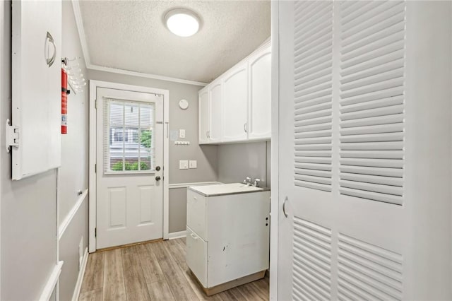 laundry room featuring light wood finished floors, crown molding, and a textured ceiling