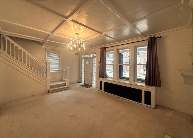 636 Lincoln Ave, East Liberty, PA 15206 - carpeted foyer featuring coffered ceiling, a chandelier, and stairs
